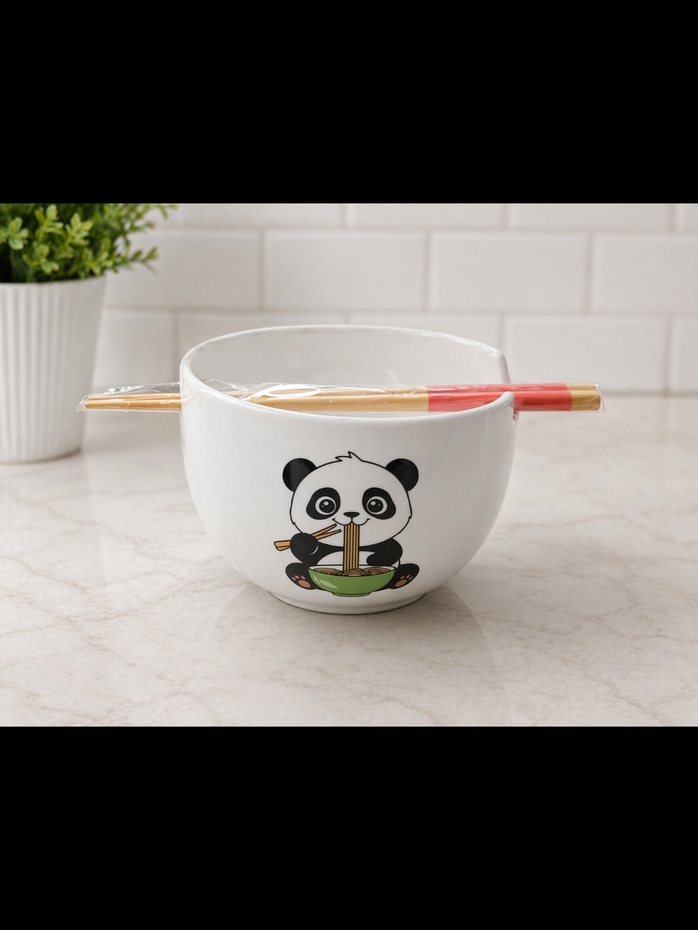 White Panda Ceramic Noodle Bowl with Red-Tip Chopsticks